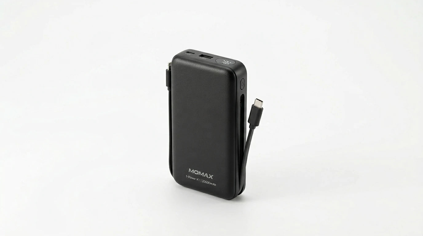 premium tech accessories Canada. wireless audio Canada. Momax 1-Power X1 Battery Pack 20000mAh With Built-In USB-C Cable. Gallery image 10. Lines name one specific SKU—never substitute a generic lookalike from the category. After review passes, each render should still read as a fresh studio viewpoint of that same physical unit.