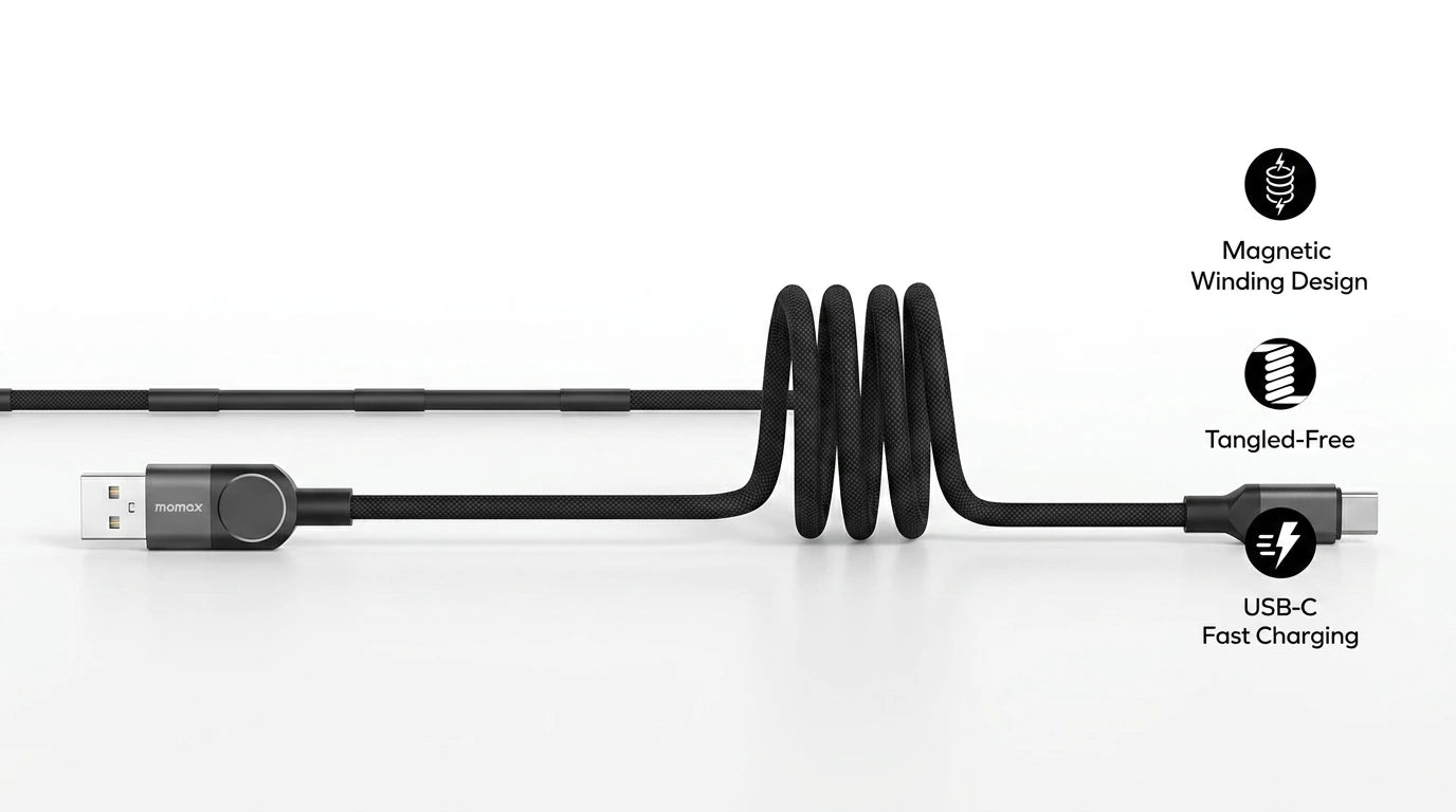 future tech gadgets Canada. premium tech accessories Canada. Momax Mag.Link 66W Usb-A To Usb-C Magnetic Cable 1M. Gallery image 10. Lines name one specific SKU—never substitute a generic lookalike from the category. After review passes, each render should still read as a fresh studio viewpoint of that same physical unit.