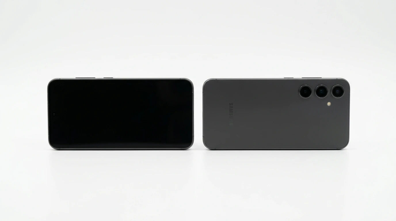 future tech gadgets Canada. smart tech store Canada. Premium Samsung Galaxy S24 FE. Gallery image 10. A sleek smartphone is positioned at an angle, with its front face on the left displaying a black screen, and the back on the right showcasing a dark gray finish. The back features three circular camera lenses arranged vertically, along with a small flash. The background is a seamless white, enhancing the product's modern design.