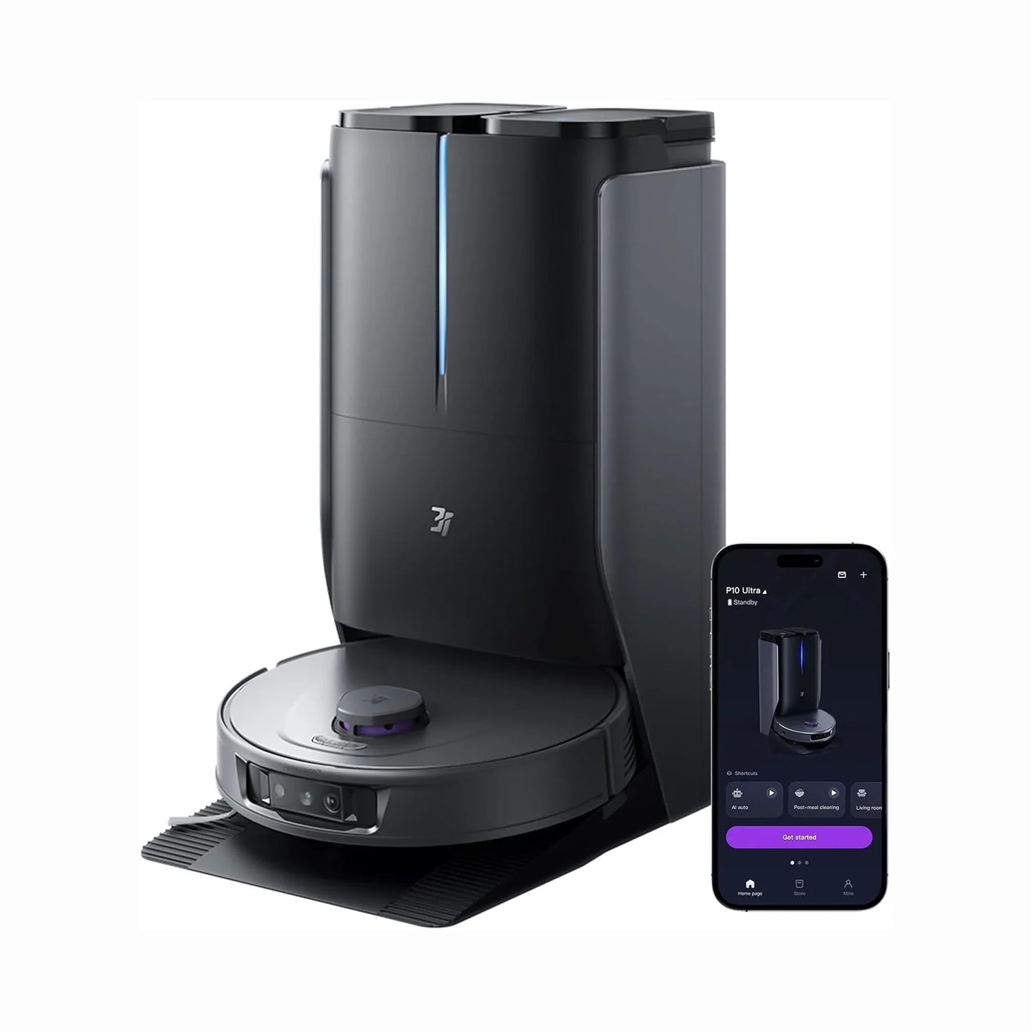 smart tech store Canada. premium tech accessories Canada. 3i Smart Robot Vacuum and Mop (P10 Ultra). Gallery image 1. A sleek, black robotic vacuum sits on a textured black mat, angled slightly to the right. The vacuum features a circular body with a central purple button and dual cameras on the front. Above it, a tall, rectangular docking station has a subtle blue LED light running vertically.
