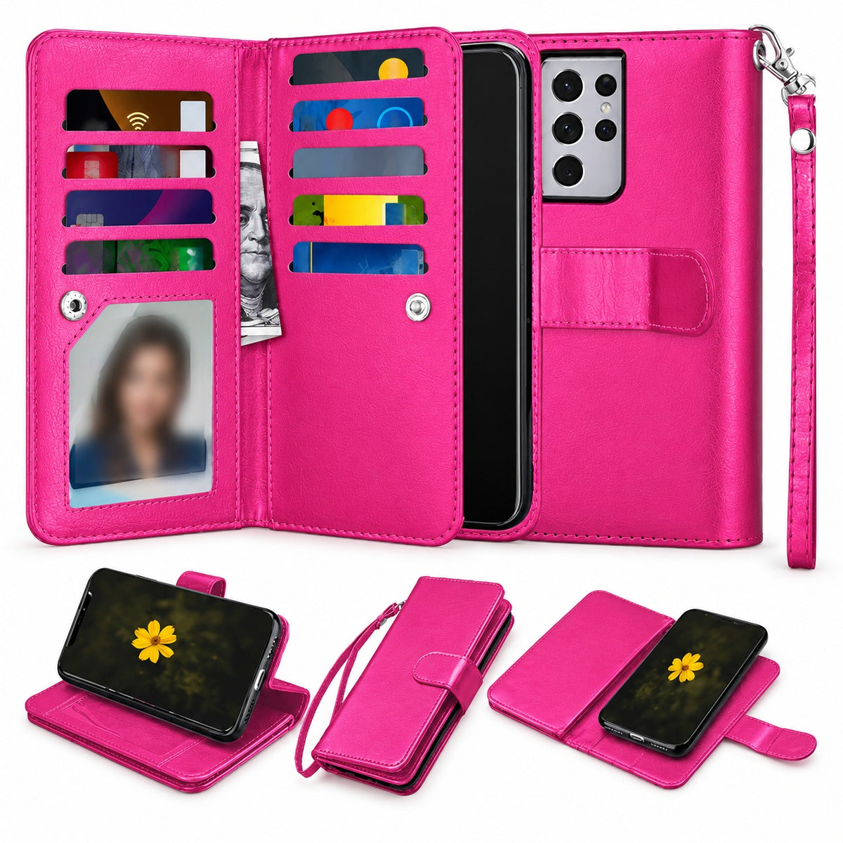 Bifold 9 Card detachable wallet for Samsung Galaxy A32 5G - Hot Pink
