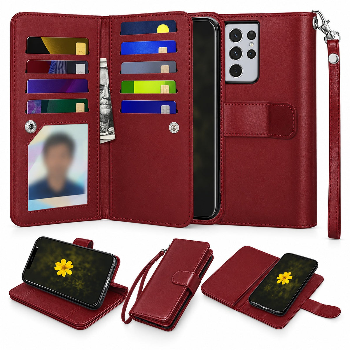 Bifold 9 Card detachable wallet for Samsung Galaxy A32 5G - Wine