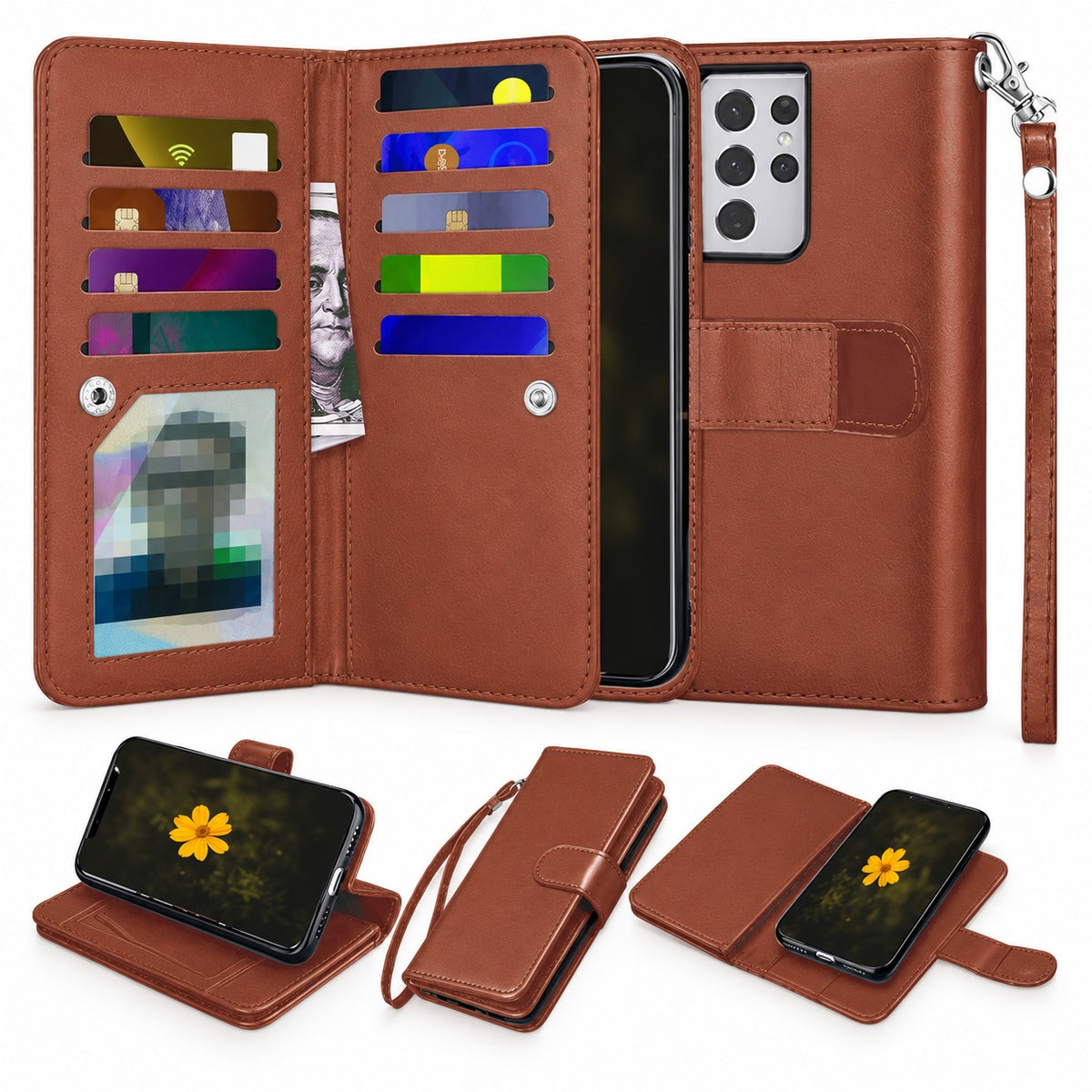 Bifold 9 Card detachable wallet for Samsung Galaxy A32 5G - Brown