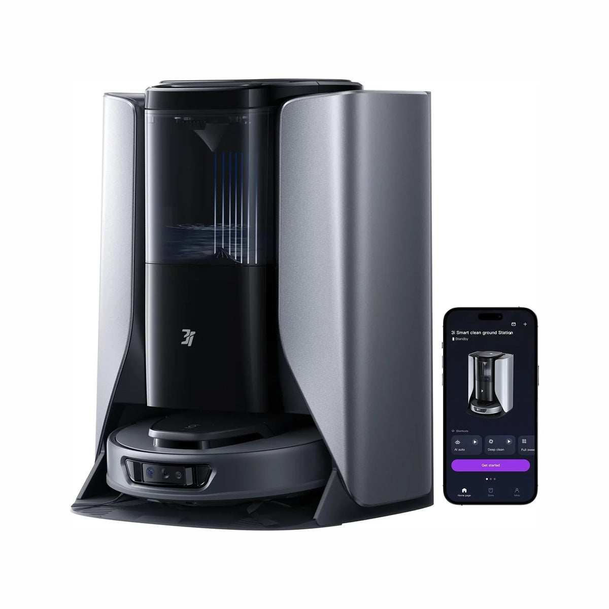 smart tech store Canada. premium tech accessories Canada. 3i Smart Robot Vacuum and Mop with Water Recycle Station (S10 Ultra). Gallery image 1. The product is a sleek, modern coffee maker, prominently displayed at an angle with its glossy black and silver body. The front features a transparent water reservoir with vertical blue lines indicating water levels. To the right, a smartphone displays a user interface for controlling the coffee maker, with a dark background and white text.