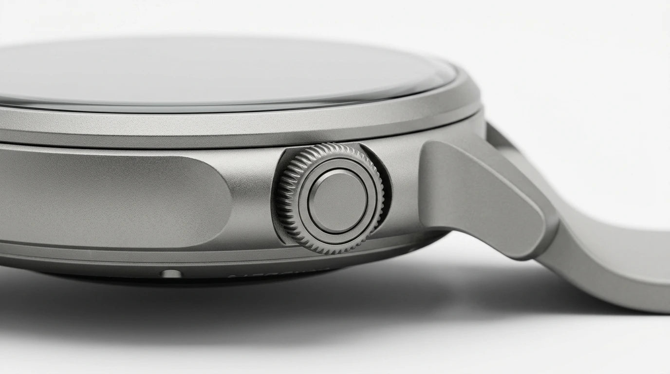 smart tech store Canada. premium tech accessories Canada. Techtron Aurafit AM23 Smart Watch. Gallery image 9. The image shows a close-up view of a sleek, silver watch positioned at an angle against a seamless white background. The watch features a smooth, glossy glass face and a brushed metal body, highlighting its modern design. Prominently displayed on the right side is a textured crown for adjusting settings, accompanied by a smaller, circular button beneath it.