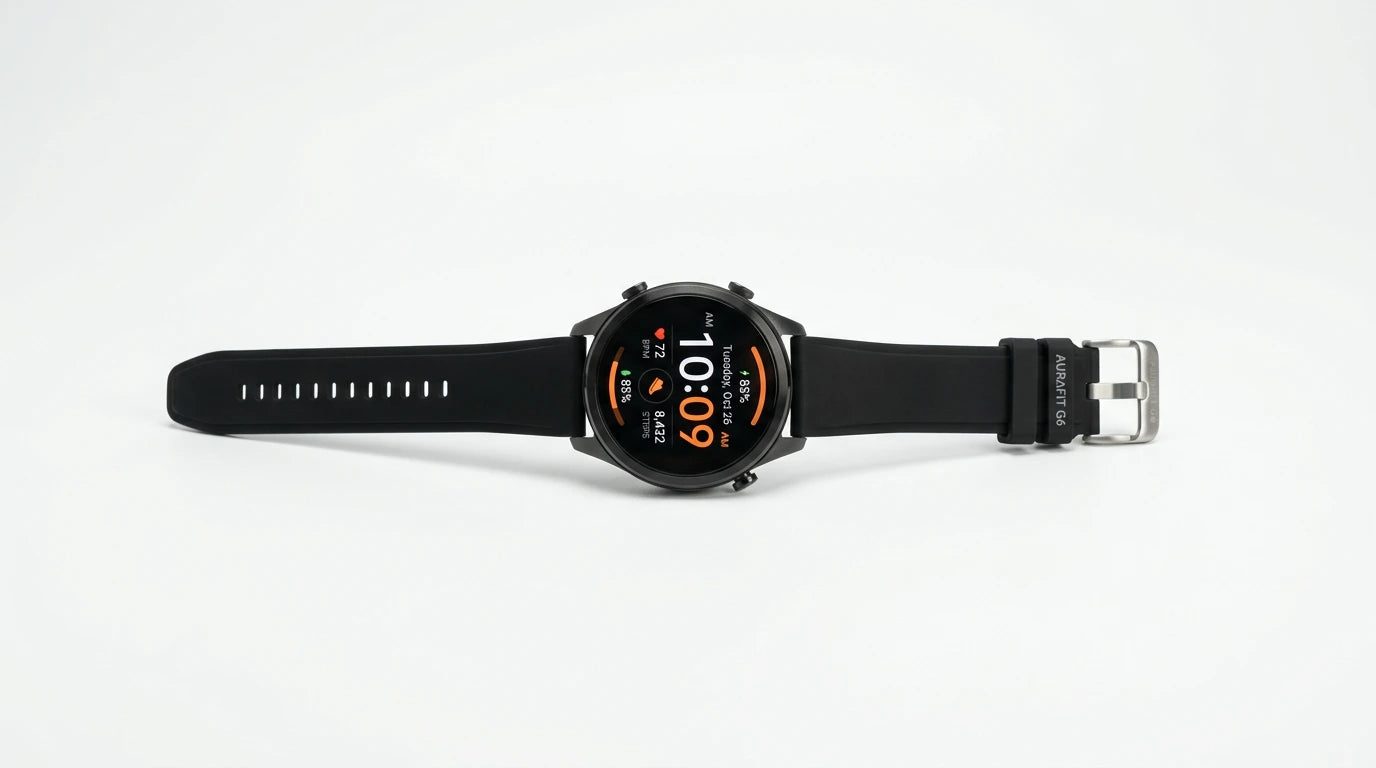 smart tech store Canada. premium tech accessories Canada. Techtron Aurafit G6 Smart Watch. Gallery image 10. Lines name one specific SKU—never substitute a generic lookalike from the category. After review passes, each render should still read as a fresh studio viewpoint of that same physical unit.