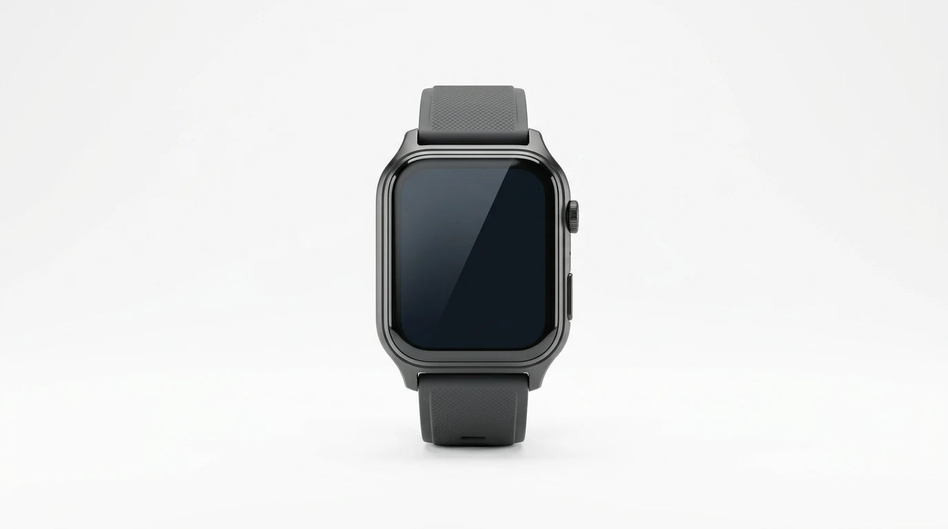 smart tech store Canada. premium tech accessories Canada. Techtron SWH18 (T52 / T67) Smart Watch. Gallery image 10. The smartwatch is centered in the frame, facing forward against a seamless white background. Its rectangular body features a matte black finish, with a smooth glass screen that is currently dark. On the right side, a round button is visible, and the strap is made of textured black rubber, showing a slight curve where it connects to the watch.