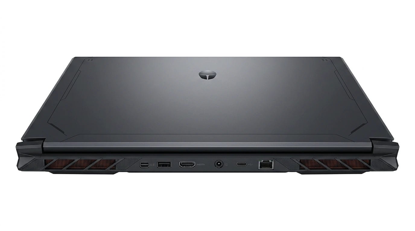 future tech gadgets Canada. smart tech store Canada. ThundeRobot R16 i9 Gaming Laptop. Gallery image 6. The image shows the back view of a sleek, black gaming laptop, centered in the frame against a seamless white background. The laptop features a matte finish with angular design elements and a prominent logo at the center. Various ports are visible, including USB, HDMI, audio, and Ethernet, along with ventilation grilles on either side.