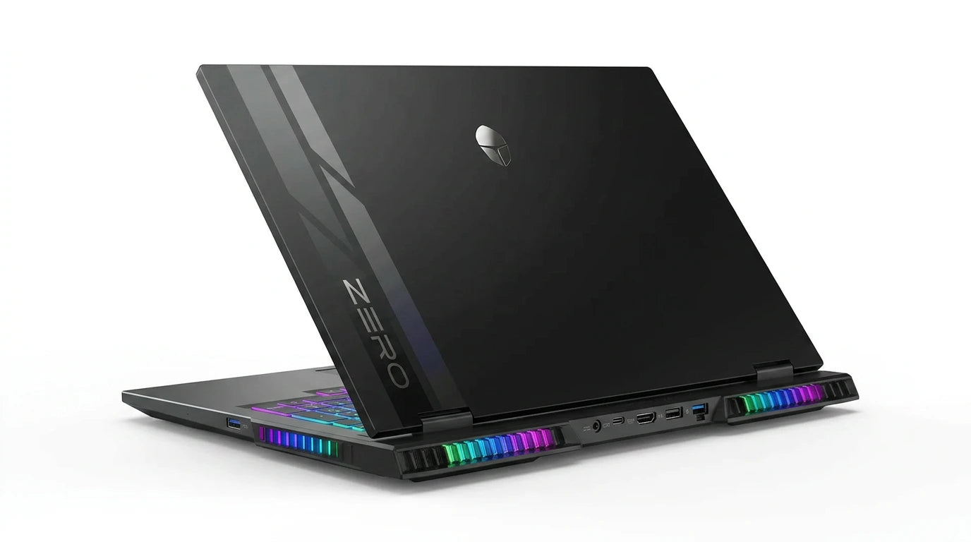 future tech gadgets Canada. smart tech store Canada. ThundeRobot ZERO16 Pro U7255HX57TE1Q360ARB Gaming Laptop. Gallery image 6. The laptop is positioned at an angle, showcasing its sleek, black exterior with a glossy finish. The back features a prominent logo and the word "ZERO" in a bold font, both in a reflective silver. Colorful LED lights illuminate the edges, transitioning through shades of blue, green, and purple.