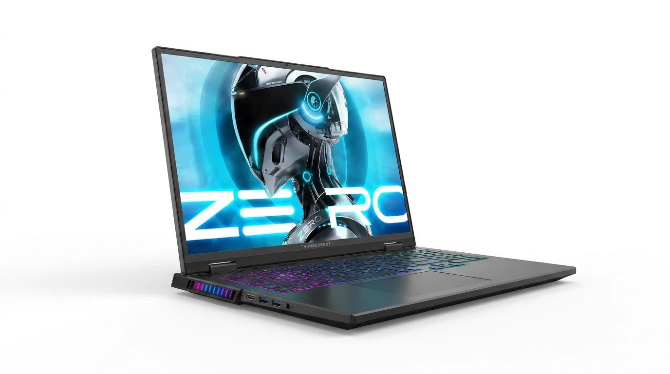 future tech gadgets Canada. smart tech store Canada. ThundeRobot ZERO16 Pro U7255HX57TE1Q360ARB Gaming Laptop. Gallery image 10. The laptop is positioned at a slight angle, showcasing its sleek design and vibrant display. The screen features a futuristic graphic with the word "ZERO" prominently displayed in bold, blue letters against a dark background. The keyboard is illuminated with a gradient of blue and purple lighting, enhancing the modern aesthetic.