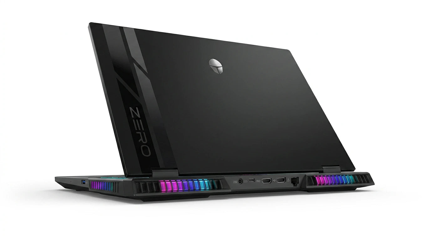 future tech gadgets Canada. smart tech store Canada. ThundeRobot ZERO16 Pro U9 Gaming Laptop. Gallery image 6. The laptop is positioned at a slight angle, showcasing its sleek, glossy black exterior and a prominent logo on the back. The edges feature colorful LED lighting that transitions from purple to blue, adding a modern touch. The bottom edge displays various ports, including USB and HDMI, clearly visible against the dark surface.