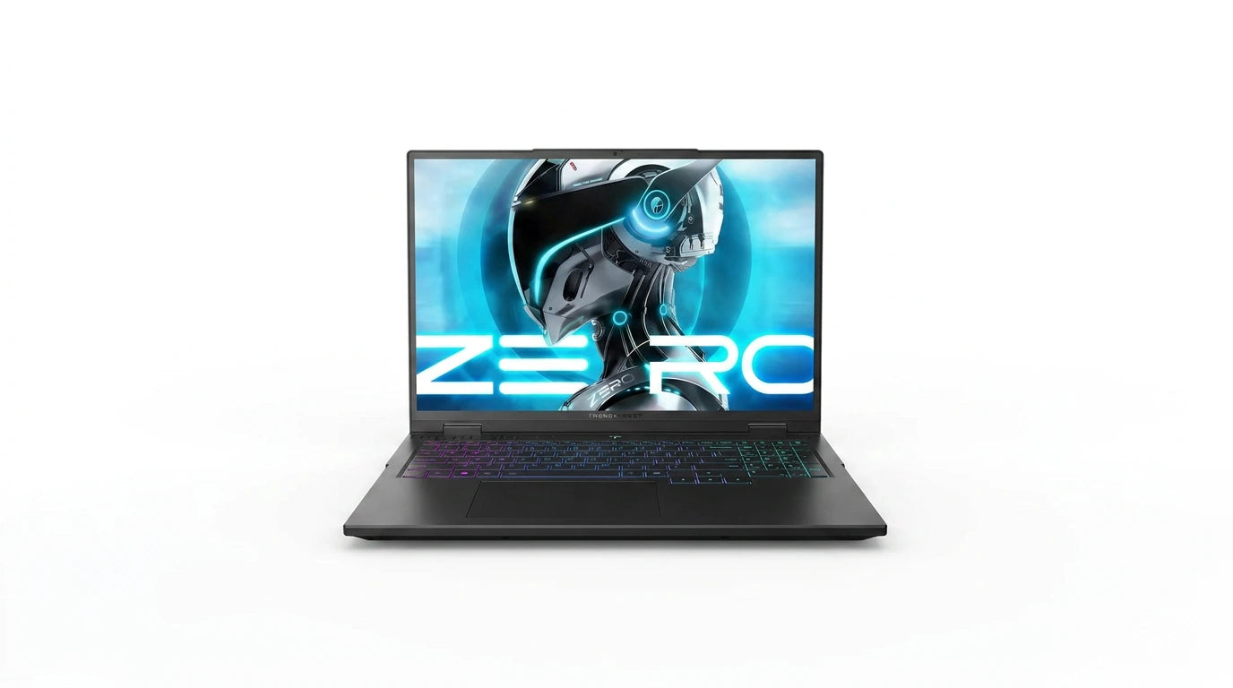 future tech gadgets Canada. smart tech store Canada. ThundeRobot ZERO16 Pro U9 Gaming Laptop. Gallery image 10. The laptop is centered in the frame, with its screen open and facing forward. The display features a vibrant graphic of a futuristic robot head with the word "ZERO" prominently displayed in bold, white letters. The laptop's body is sleek and matte black, while the keyboard is illuminated with a gradient of colors from purple to blue.