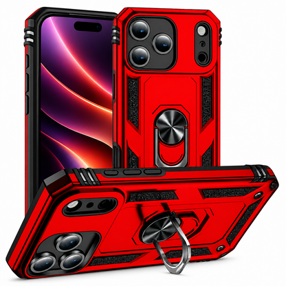 Red Anti-Drop Hybrid Case for Apple iPhone 17 Pro Max with rotating metal ring stand.