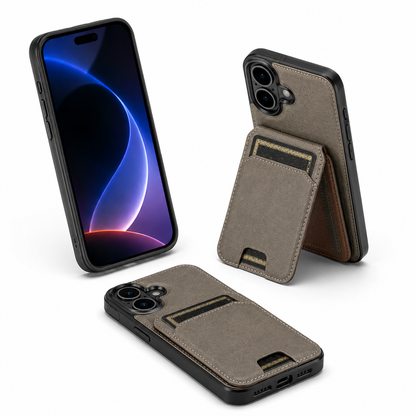 Apple iPhone 16 Grey Wallet Phone Case with Magnetic Kickstand and Card Storage