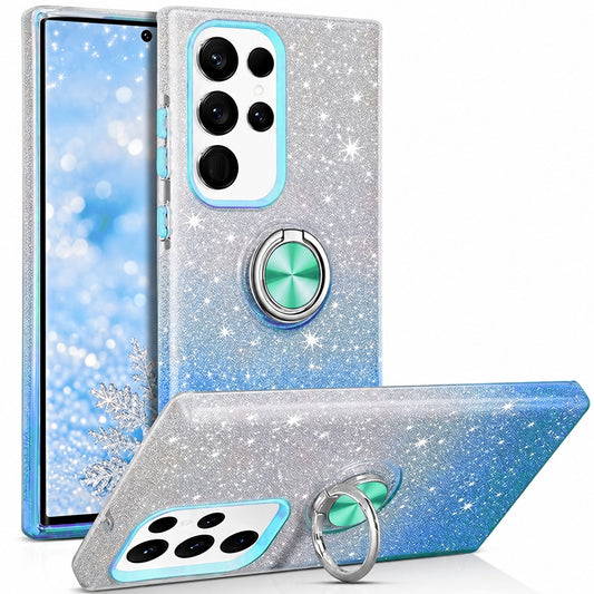 3-in-1 Glitter w/ Ring Case for Samsung Galaxy S25 Ultra - Blue / Silver