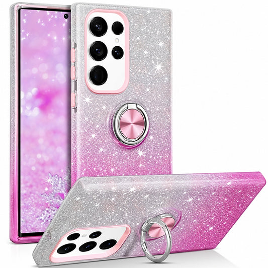 3-in-1 Glitter w/ Ring Case for Samsung Galaxy S25 Ultra - Pink / Silver