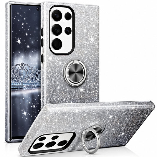 3-in-1 Glitter w/ Ring Case for Samsung Galaxy S25 Ultra - Black / Silver