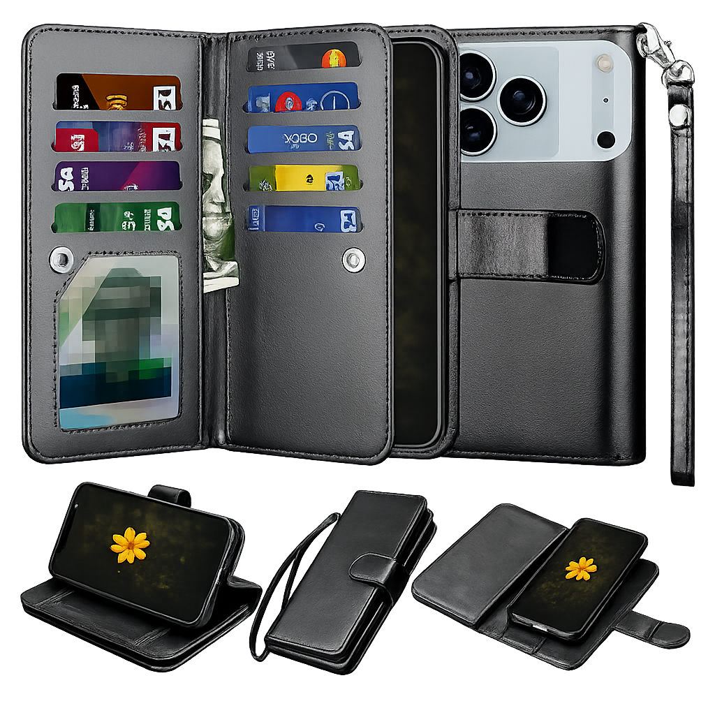Black Apple iPhone 17 Pro Wallet Case, 9 Card Detachable Wallet Case, Protective Phone Case