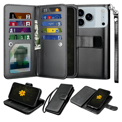 Black Apple iPhone 17 Pro Wallet Case, 9 Card Detachable Wallet Case, Protective Phone Case