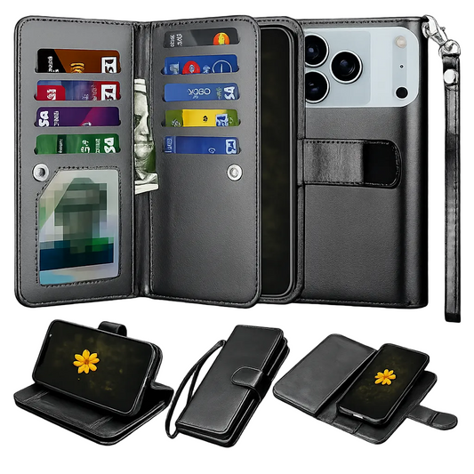 Black Apple iPhone 18 Pro Max Wallet Case, 9 Card Detachable Wallet Case, Protective Phone Case