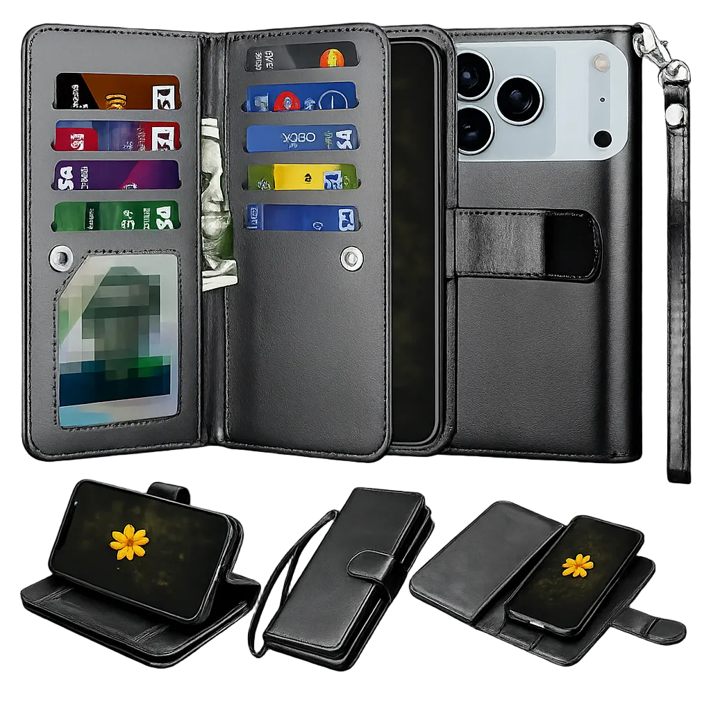 Black Apple iPhone 17 Pro Max Wallet Case, 9 Card Detachable Wallet Case, Protective Phone Case