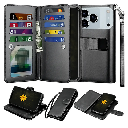 Black Apple iPhone 17 Pro Max Wallet Case, 9 Card Detachable Wallet Case, Protective Phone Case