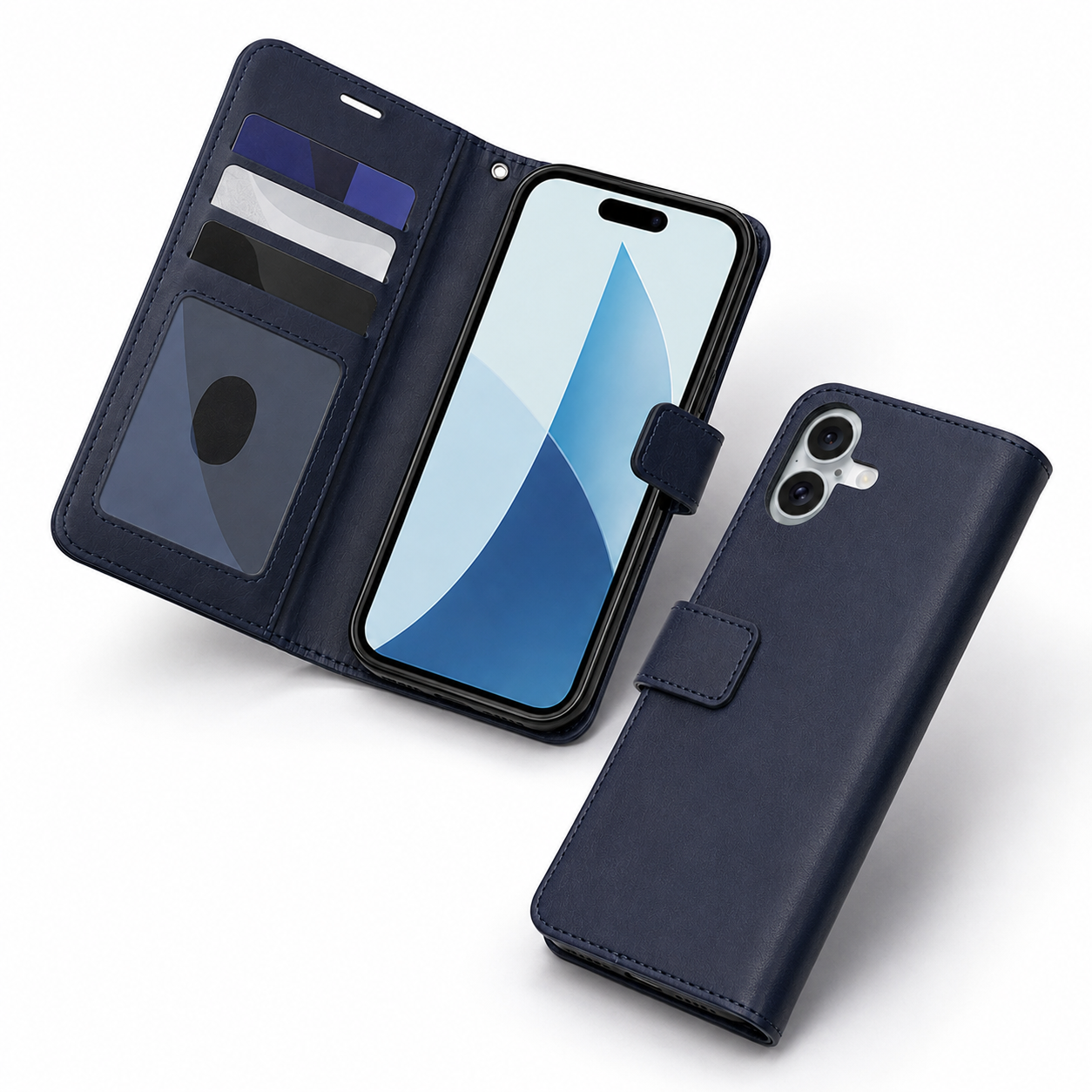 Premium navy leather-style card holder case for Apple iPhone 17