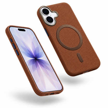 iPhone 16 MagSafe Fabric Case in brown with protective phone case and woven fabric texture