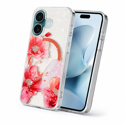 Red Floral iPhone 16 Cover, MagSafe Compatible Phone Case, Luxury Flower Case, Slim Protective Cover