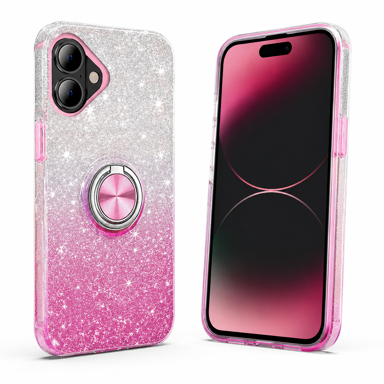 Premium pink silver iPhone 17 case with rotating ring stand
