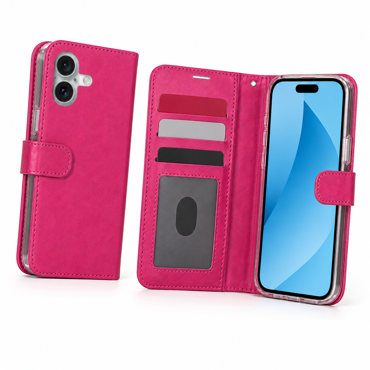 Shockproof hot pink folio case for iPhone 17 with card storage