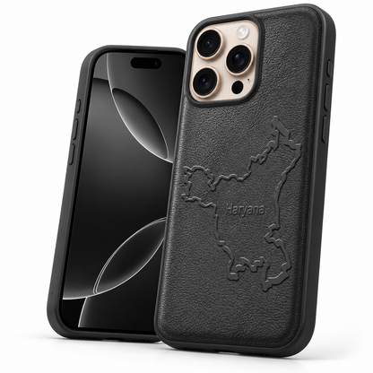 HRY Crafted black iPhone 12 / 12 Pro cover featuring Haryana lettering on the back.