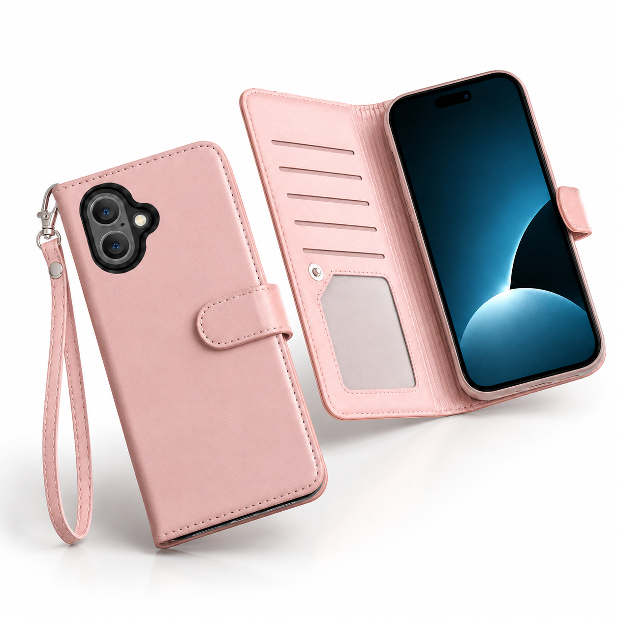 Shockproof rose gold leather-style wallet cover for Apple iPhone 17