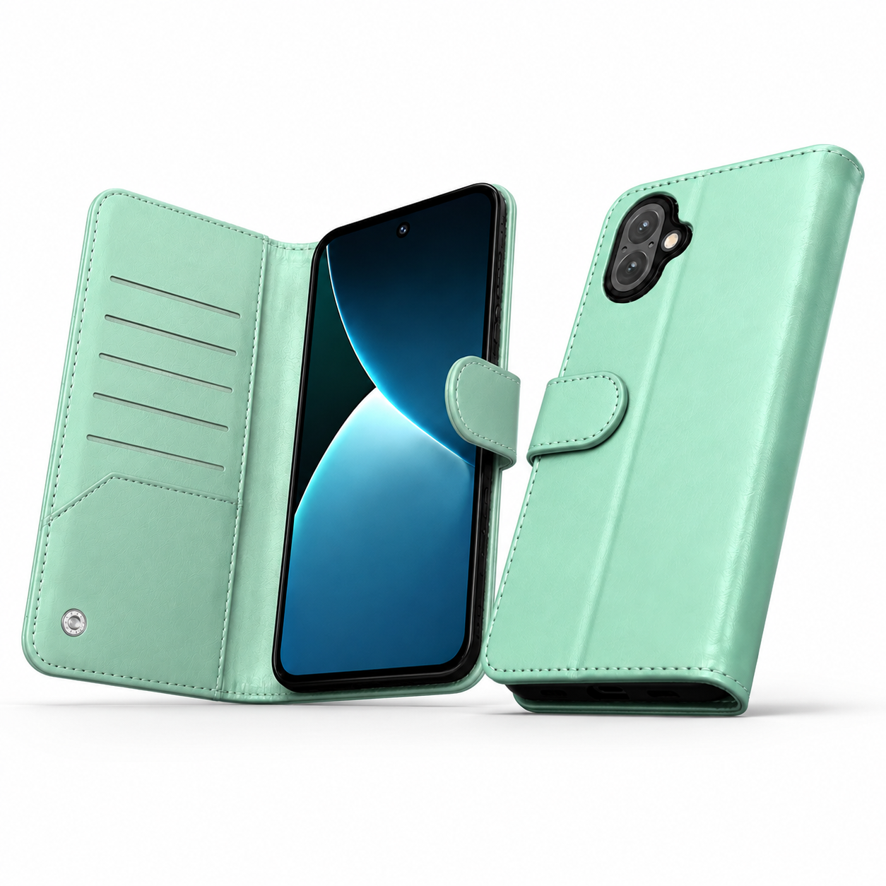 Detachable bifold card holder case for iPhone 17 in teal