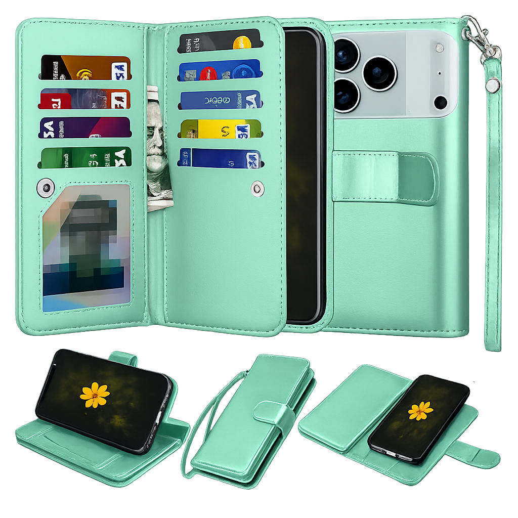 Teal Wallet Case for Apple iPhone 17 Pro with 9 Card Holder, MagSafe Compatible Phone Case