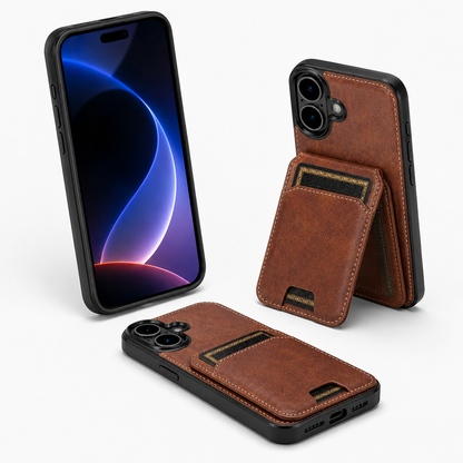 Apple iPhone 16 Brown Wallet Phone Case with Magnetic Kickstand and Card Holder
