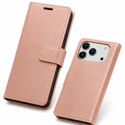 Premium Rose Gold Wallet Case for iPhone 17 Pro Shockproof Flip Cover
