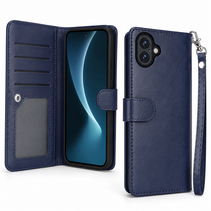 Shockproof navy leather-style wallet cover for Apple iPhone 17
