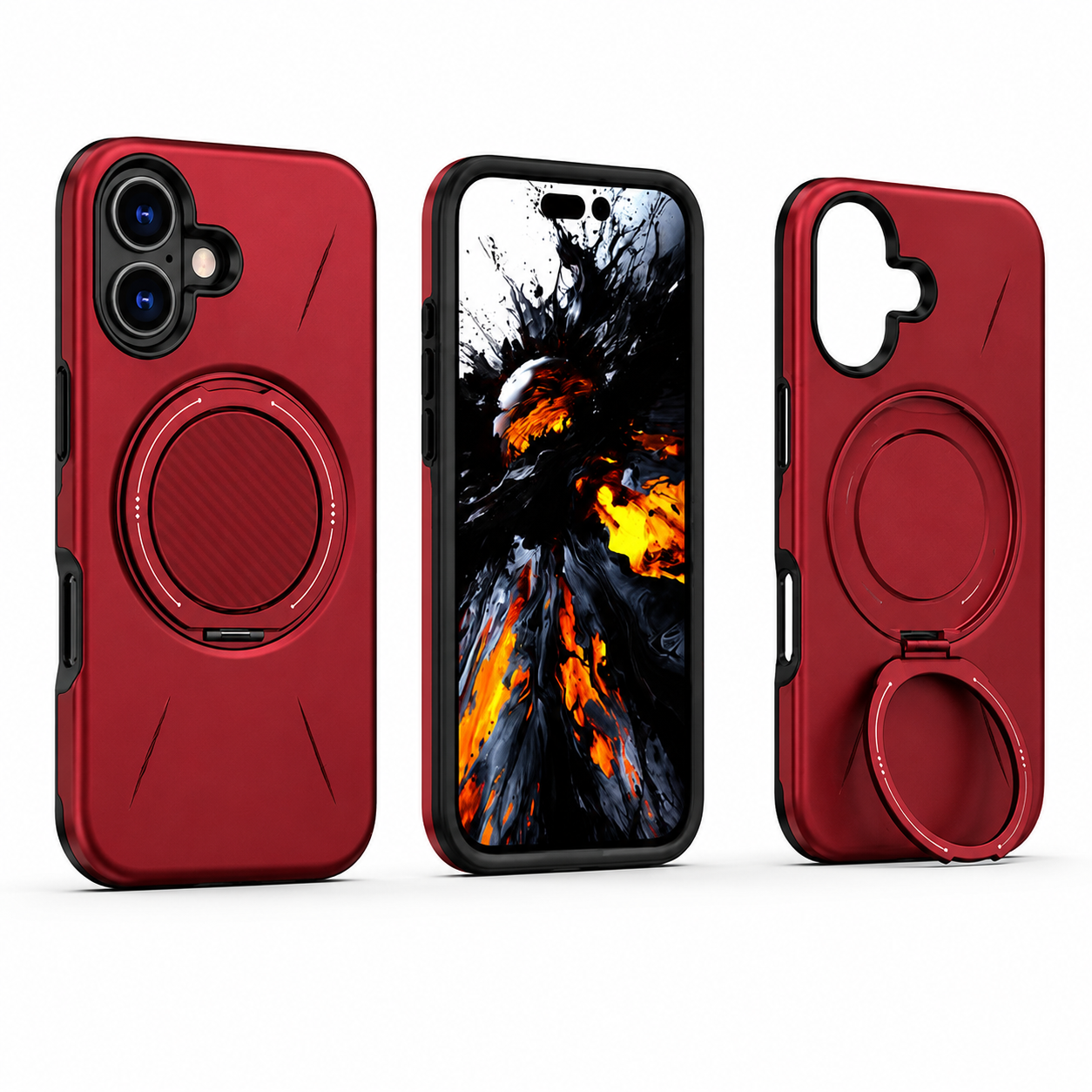 Red MagSafe Forge Ring Case for Apple iPhone 17, shockproof phone case, protective mobile cover, kickstand case