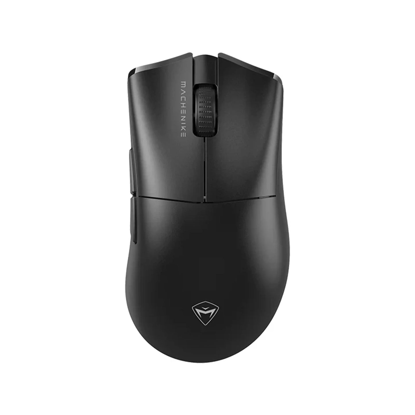 next gen electronics shop. wireless audio Canada. Machenike L8 Max Tri-Mode Mouse. Gallery image 2. The image shows a sleek, black wireless mouse centered in the frame, viewed from above. The mouse features a smooth, matte finish with a slightly glossy scroll wheel in the center. On the left side, there are two buttons, and the brand name "MACHENIKE" is printed vertically along the top. The background is a simple white, allowing the mouse to stand out clearly.