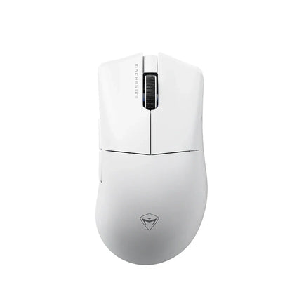next gen electronics shop. wireless audio Canada. Machenike L8 Max Tri-Mode Mouse. Gallery image 1. The image shows a sleek, white gaming mouse centered in the frame, viewed from above. The mouse features a smooth, glossy finish with a subtle logo on the bottom. A black scroll wheel is positioned in the middle, flanked by two buttons on the left side. The background is plain and light, enhancing the mouse's clean design.