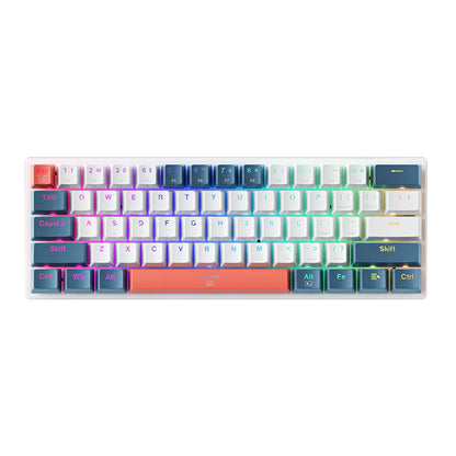 future tech gadgets Canada. premium tech accessories Canada. Machenike K500-B61 Wired RGB Mechanical Keyboard. Gallery image 1. The keyboard is displayed from a top-down view, centered in the frame against a seamless white background. It features a vibrant design with a mix of white, teal, and dark blue keycaps, accented by a bright orange spacebar. The keys are illuminated with a soft, colorful backlight that transitions through shades of pink, green, and blue.