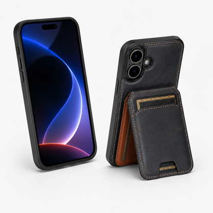 Premium Black Leather Wallet Cover for Apple iPhone 16 Shockproof Mobile Case