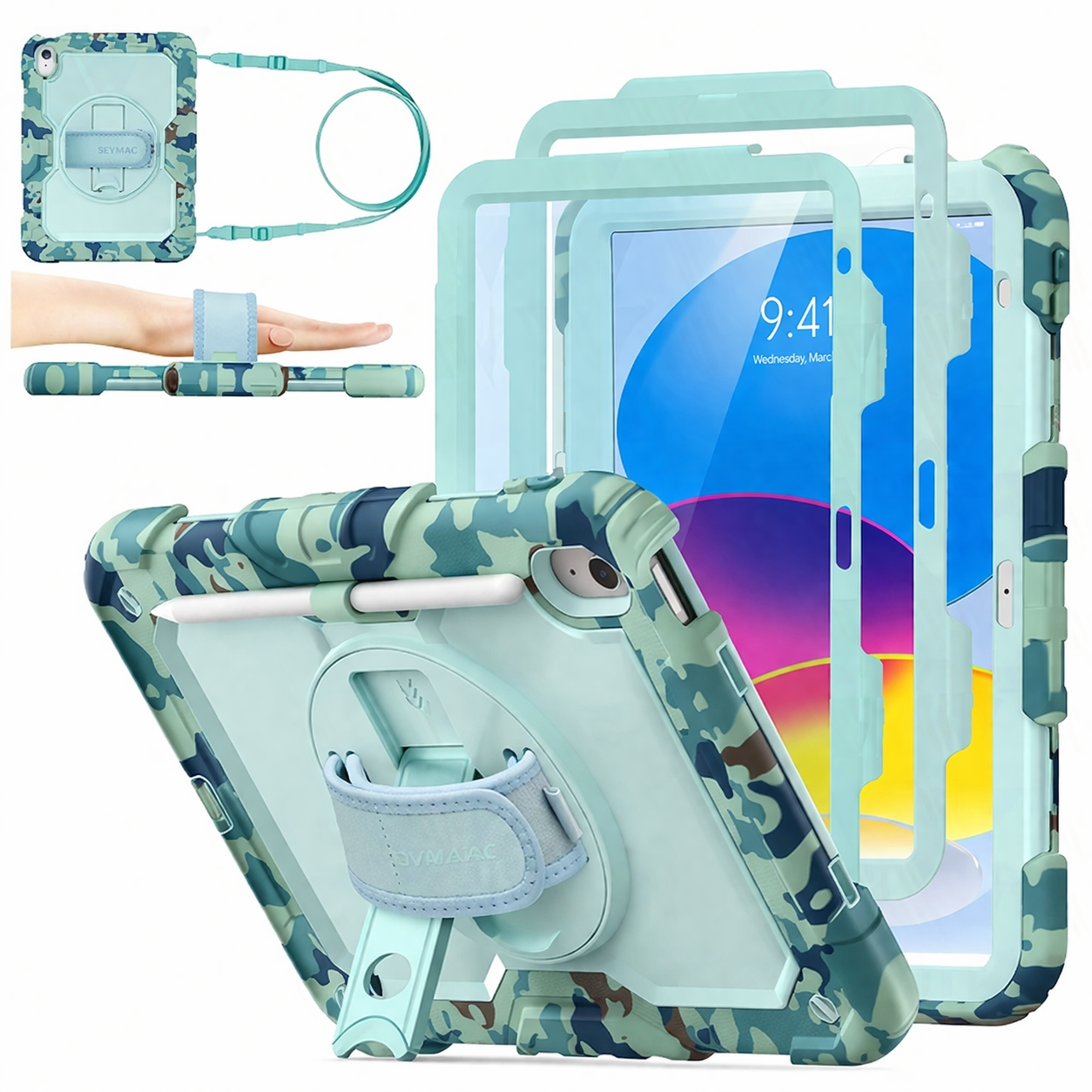 Heavy Duty Tablet Case – Blue Camo Shoulder Hand Strap Defender Shockproof Case with Stand | Protective Case
