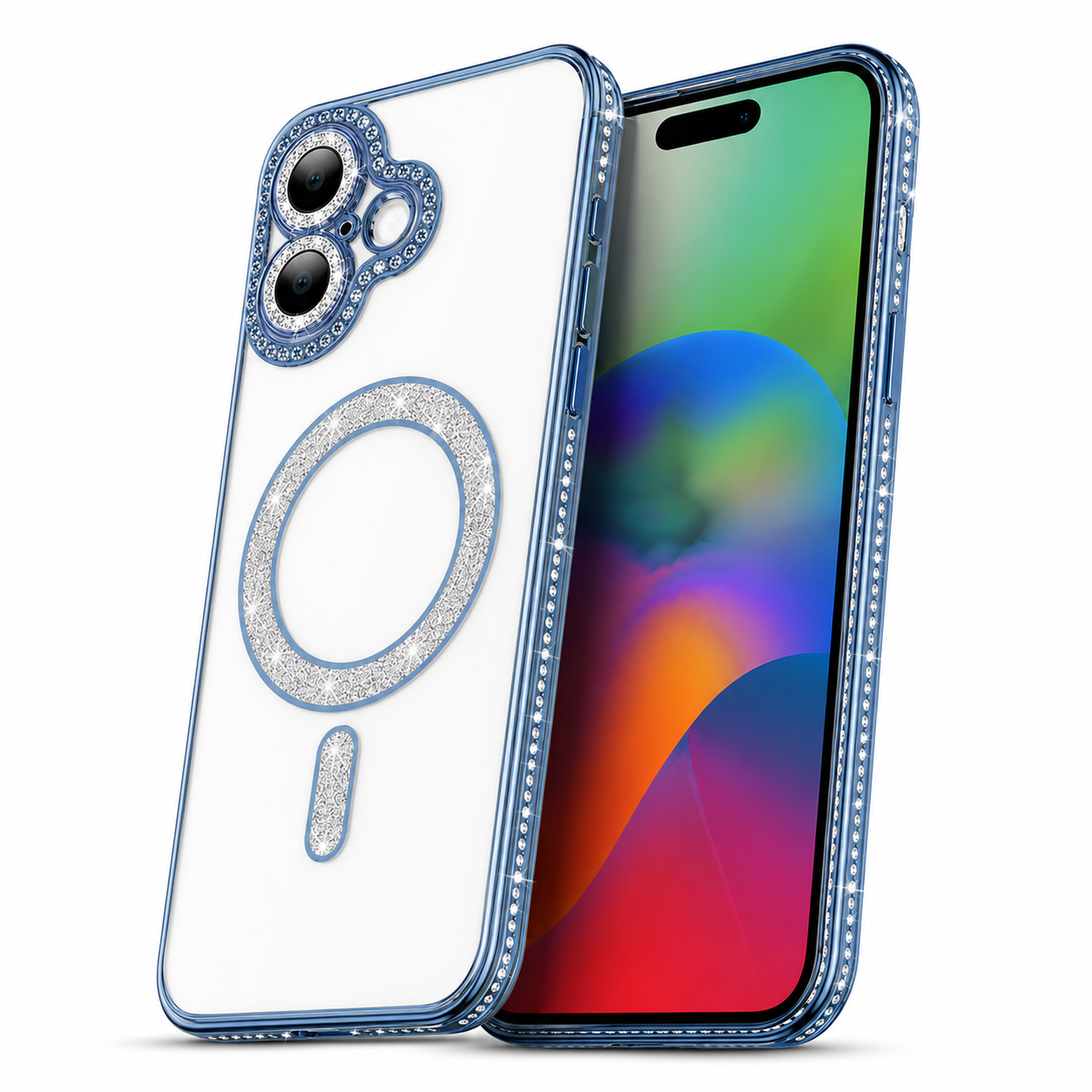 Slim Transparent Mobile Cover for iPhone 17 with Blue Glitter Electroplated Frame