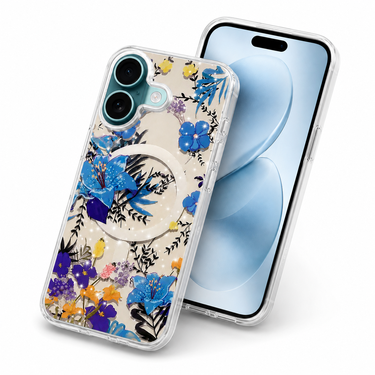 Blue Floral iPhone 17 Cover, MagSafe Compatible Phone Case, Luxury Flower Case, Slim Protective Cover