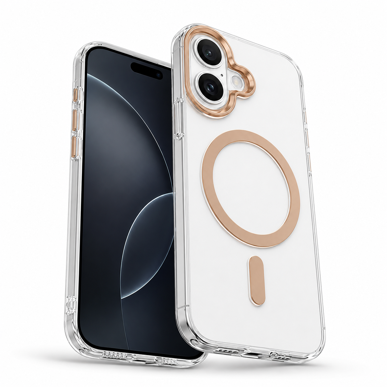 Slim Gold iPhone 17 Protective Case with clear back panel, military-grade drop protection, anti-scratch phone cover, and MagSafe compatibility