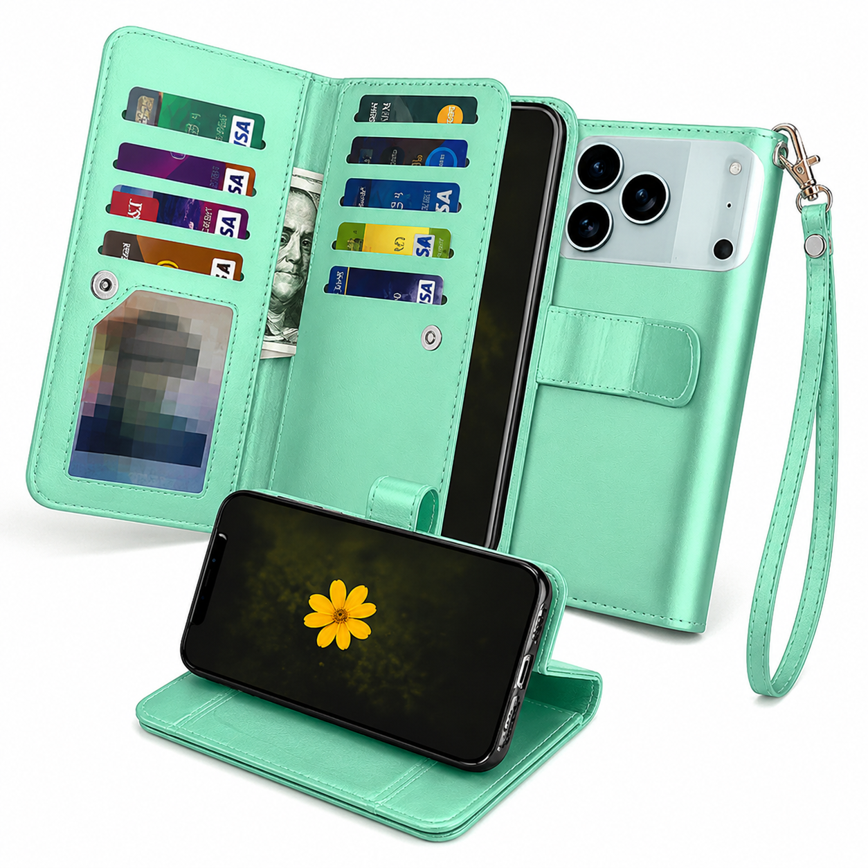 Premium Teal iPhone 17 Pro Max Wallet Case with Detachable Magnetic Cover and Kickstand