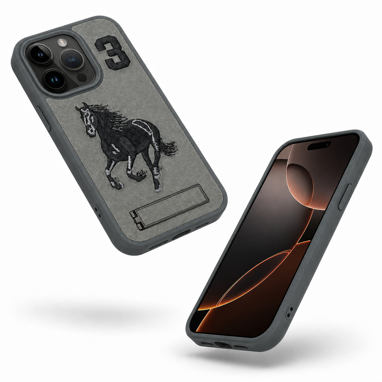Slim grey iPhone 12 Pro horse design kickstand case