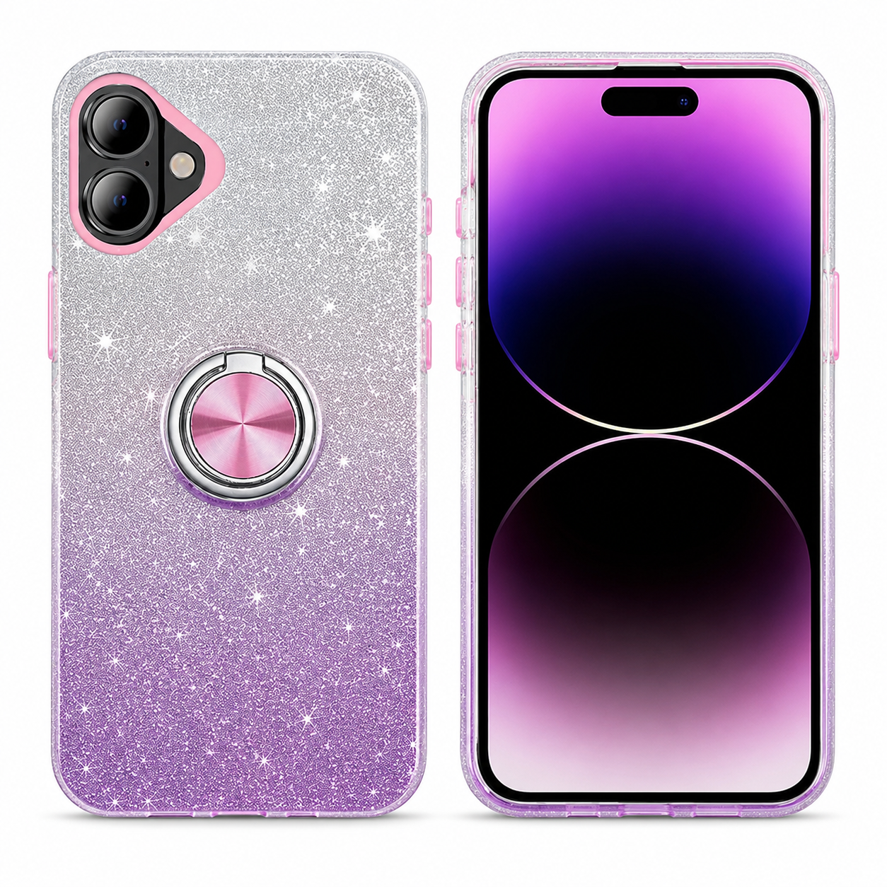 Purple and silver 3-in-1 glitter ring case for Apple iPhone 17